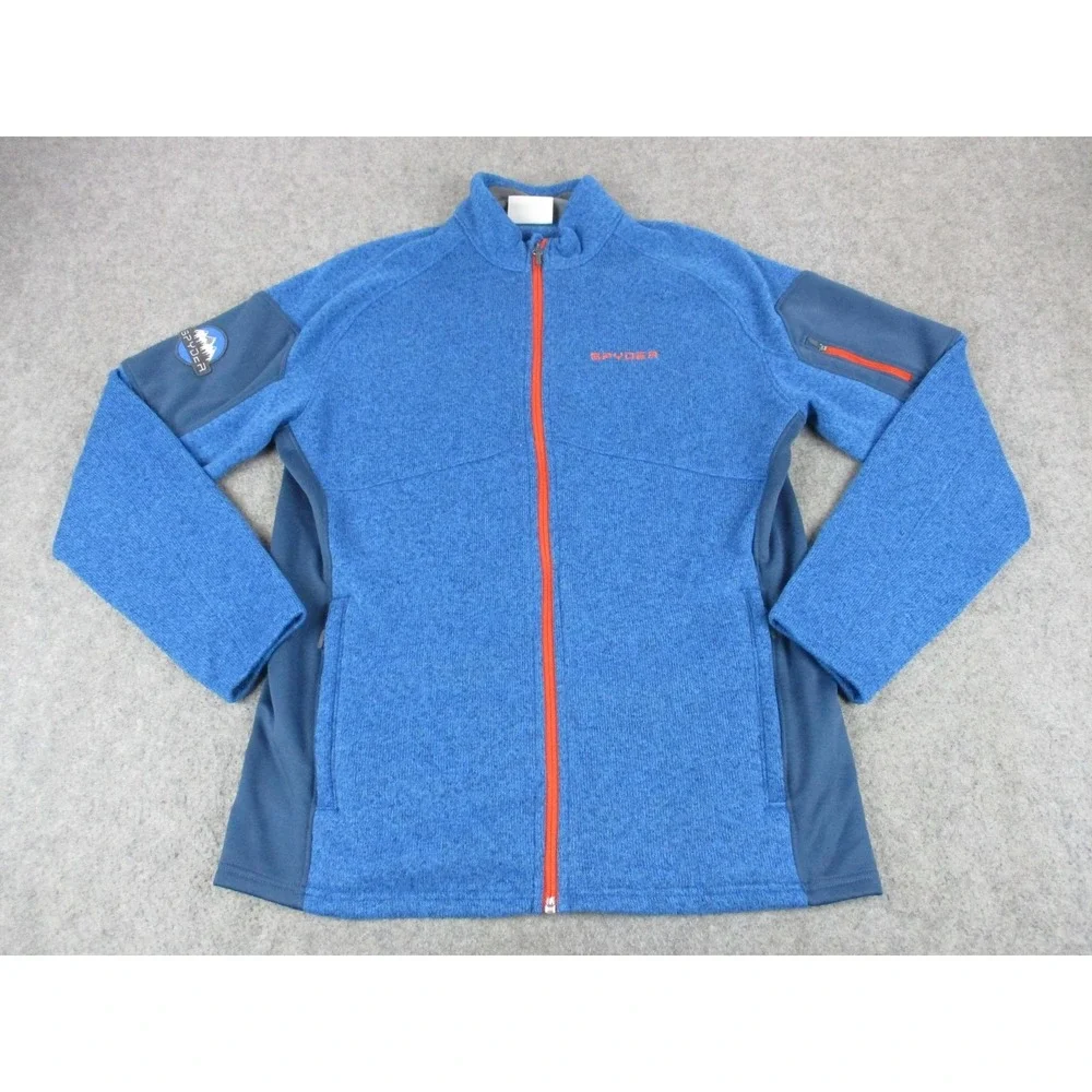 Spyder Jacket Mens Large Blue Fleece Patch Heathered Full Zip Mock Neck Coat